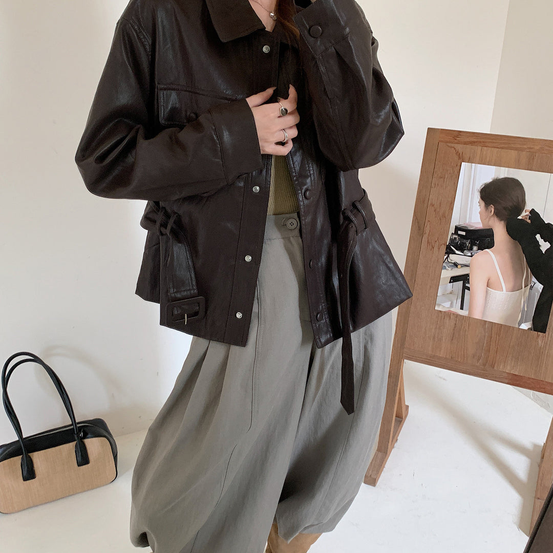 Women's Short Oversized Leather Jacket with Waist Drawstring and Snap Button Placket Mune Fashion