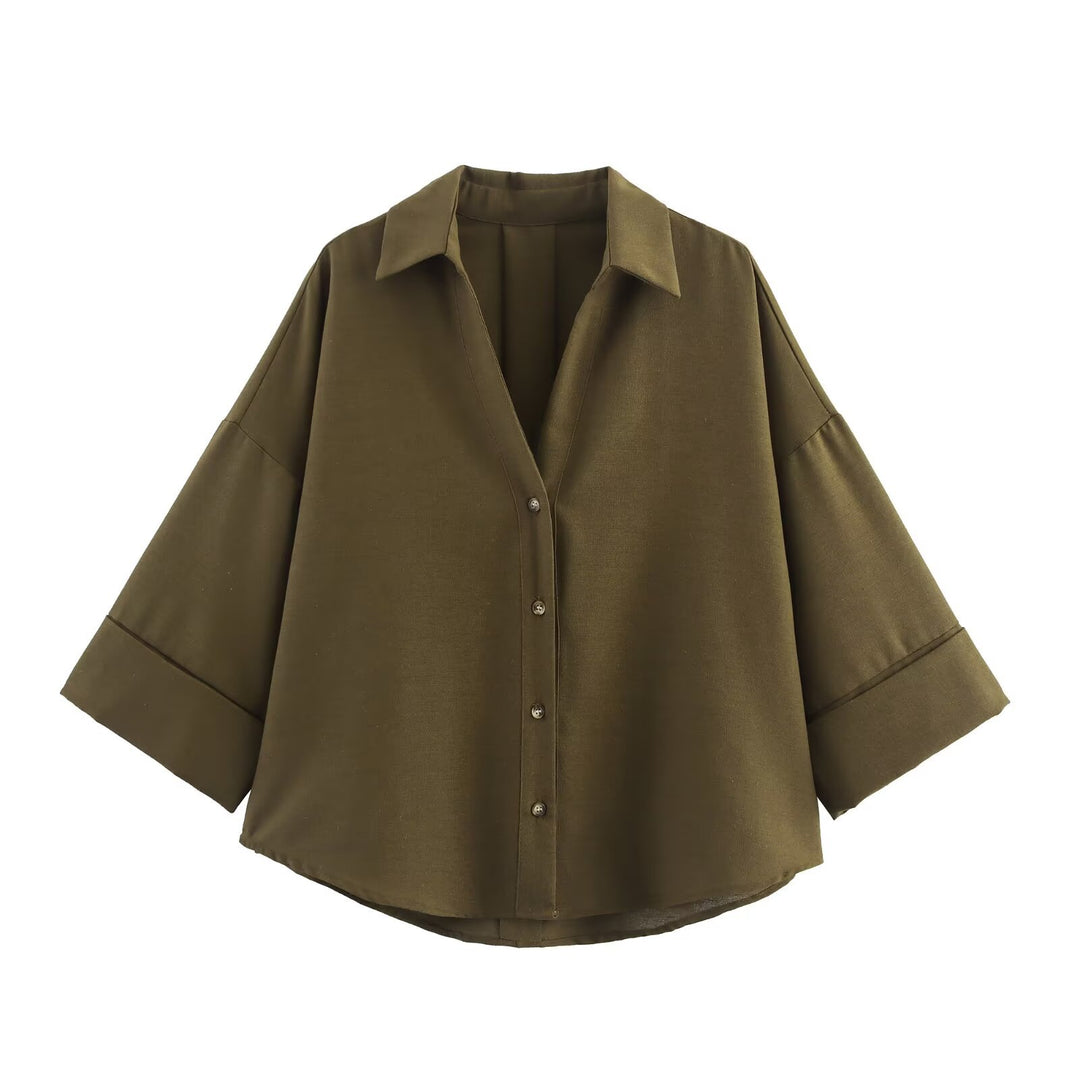 Women's relaxed oversized shirt blouse with wide collar and three-quarter sleeves Mune Fashion
