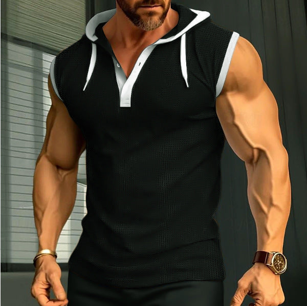 Men's sleeveless hoodie polo shirt with mesh structure and Henley button placket Mune Fashion