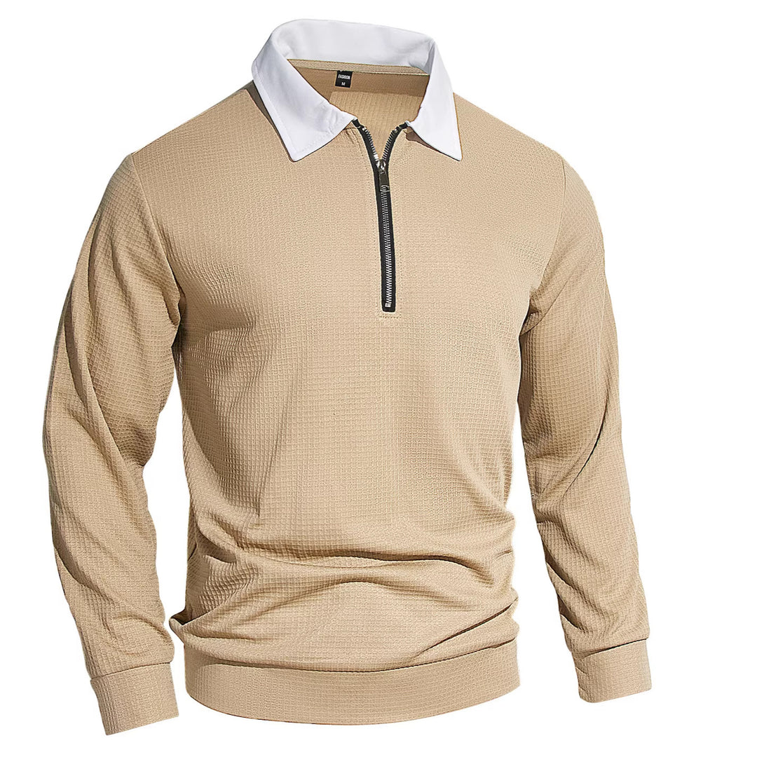 Men's Elegant Waffle Structure Polo Shirt with Half Zip and Contrast Collar Mune Fashion