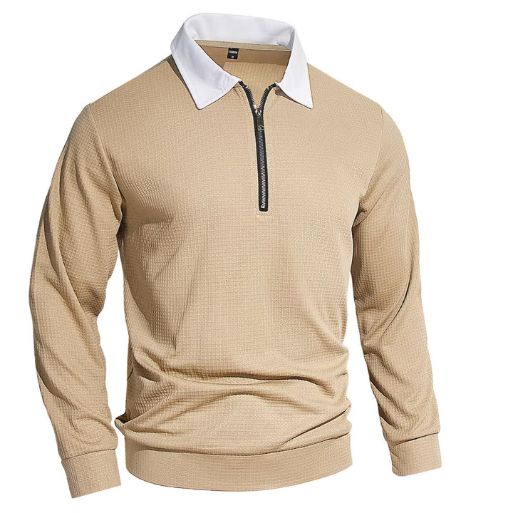 Men's Elegant Waffle Structure Polo Shirt with Half Zip and Contrast Collar Mune Fashion