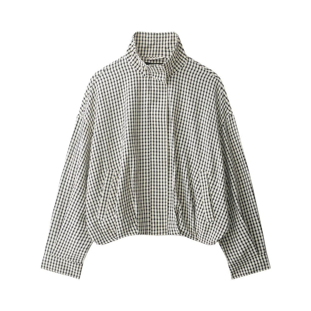 Women Checked Cropped Boxy Blouson with Stand Collar and Side Pockets Mune Fashion