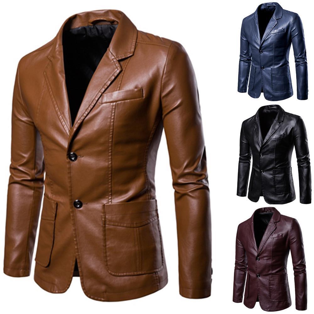 Men's slim leather blazer with lapel collar and patch pockets Mune Fashion