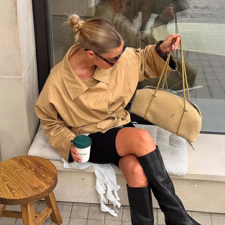 Women's Short Tailored Canvas Jacket with Tied Belt and Dropped Shoulders Mune Fashion