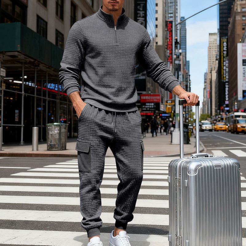 Men's nan cargo jogger suit with half zipper, structured waffle knit look and elastic waistband Mune Fashion