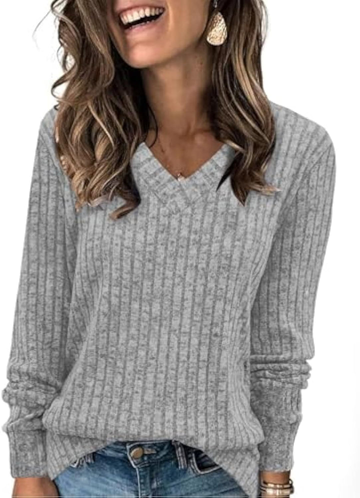Women's ribbed V-neck fine-knit pullover with longer sleeves Drune