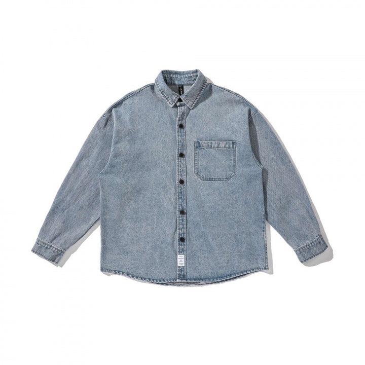 Unisex Boxy Oversized Denim Shirt Jacket with Chest Pocket and Distressed Look Mune Fashion