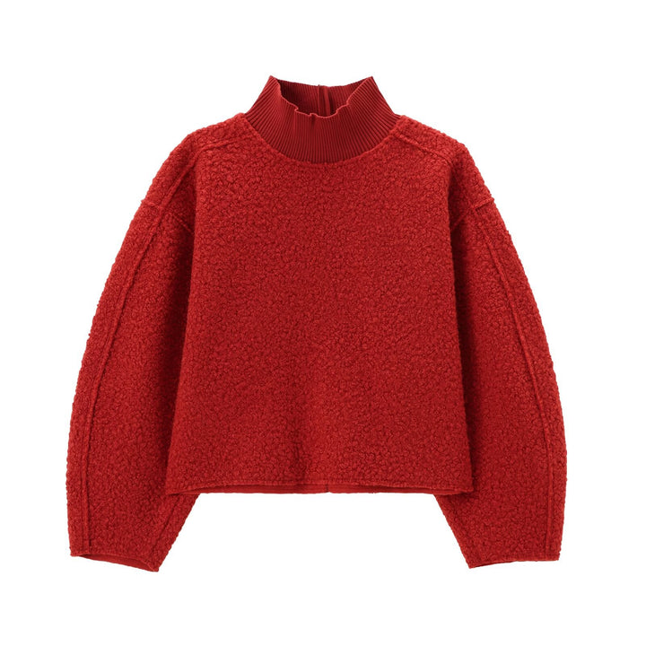 Women Oversize Cropped Pullover with Stand-Up Collar and Balloon Sleeves Mune Fashion