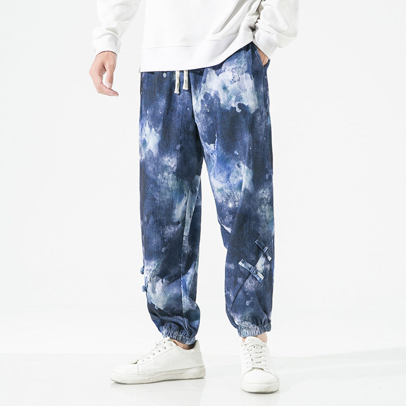 Men's Tie-Dye Baggy Jogging Pants with Drawstring, Elastic Cuffs and Decorative Straps Mune Fashion