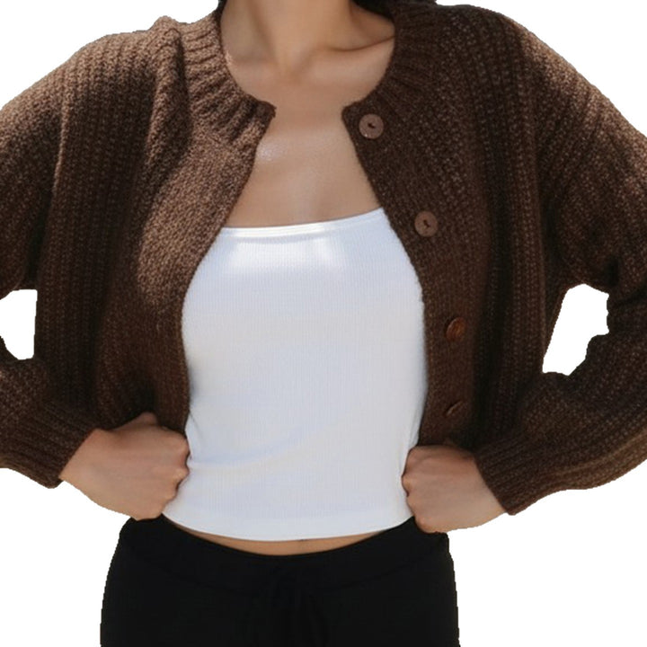 Women Short Cropped Rib Knit Cardigan with Balloon Sleeves and Decorative Button Placket Mune Fashion
