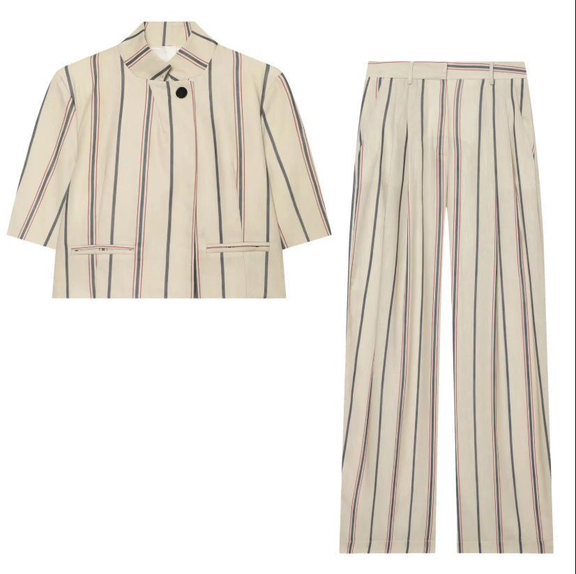 Women's loose linen trousers with pleats, high waistband and vertical stripes Mune Fashion