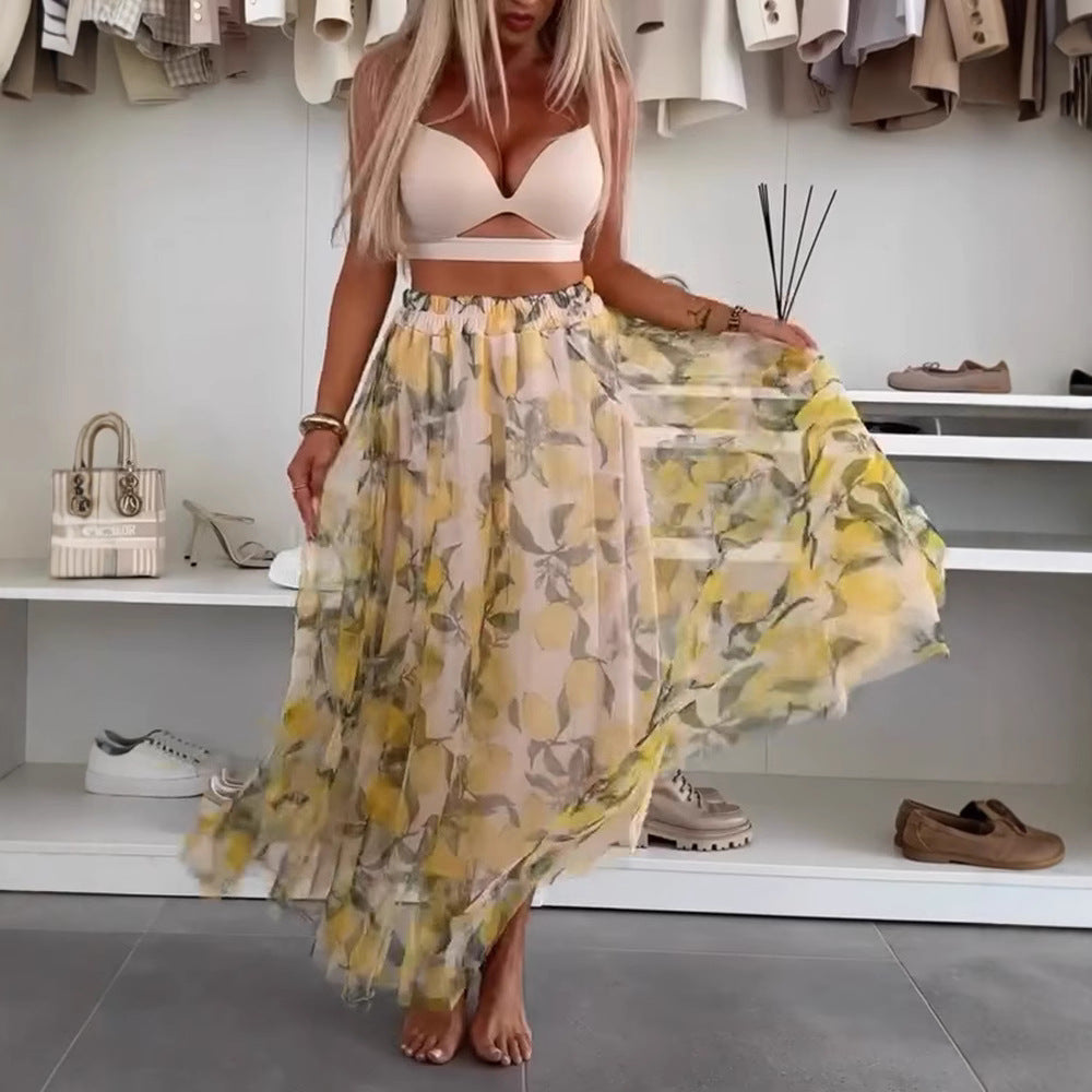 Women's flowing maxi skirt with layered chiffon overlay, elastic waistband and fine floral print Mune Fashion