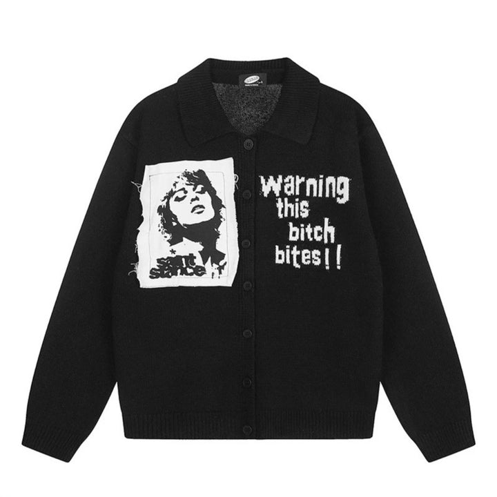 Women's knitted cardigan with shirt collar, button placket, and statement patch Mune Fashion