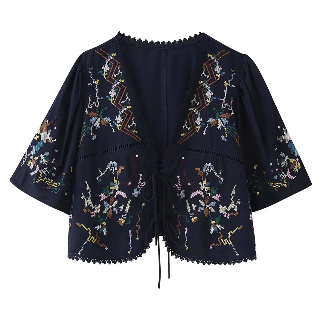 Women embroidered Kimono jacket with tie belt, crochet trim and elbow-length sleeves Mune Fashion