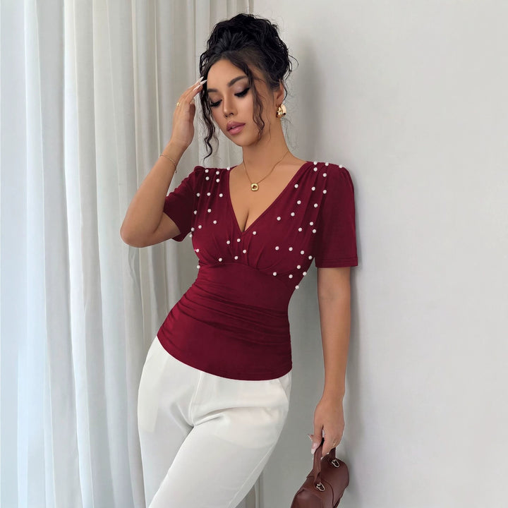 Women nano tailored draped short sleeve top with pearl trim and V-neck Mune Fashion