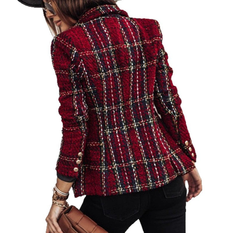 Women Boucle Tweed Blazer with Check Pattern and Double-Breasted Button Placket Drune