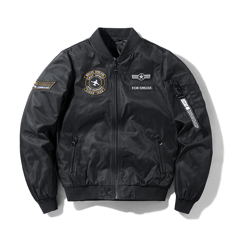 Men's lightweight water-repellent flight bomber jacket with embroidered airplane patches and side pocket on the arm Mune Fashion