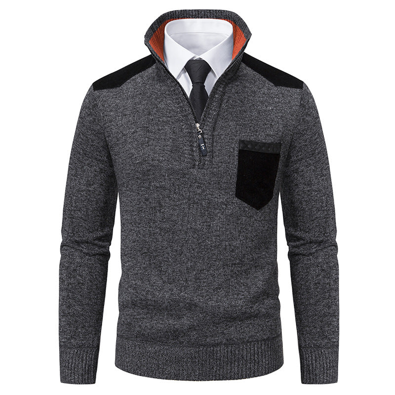 Men's fine knit half-zip pullover with stand-up collar, chest pocket and shoulder yoke Mune Fashion
