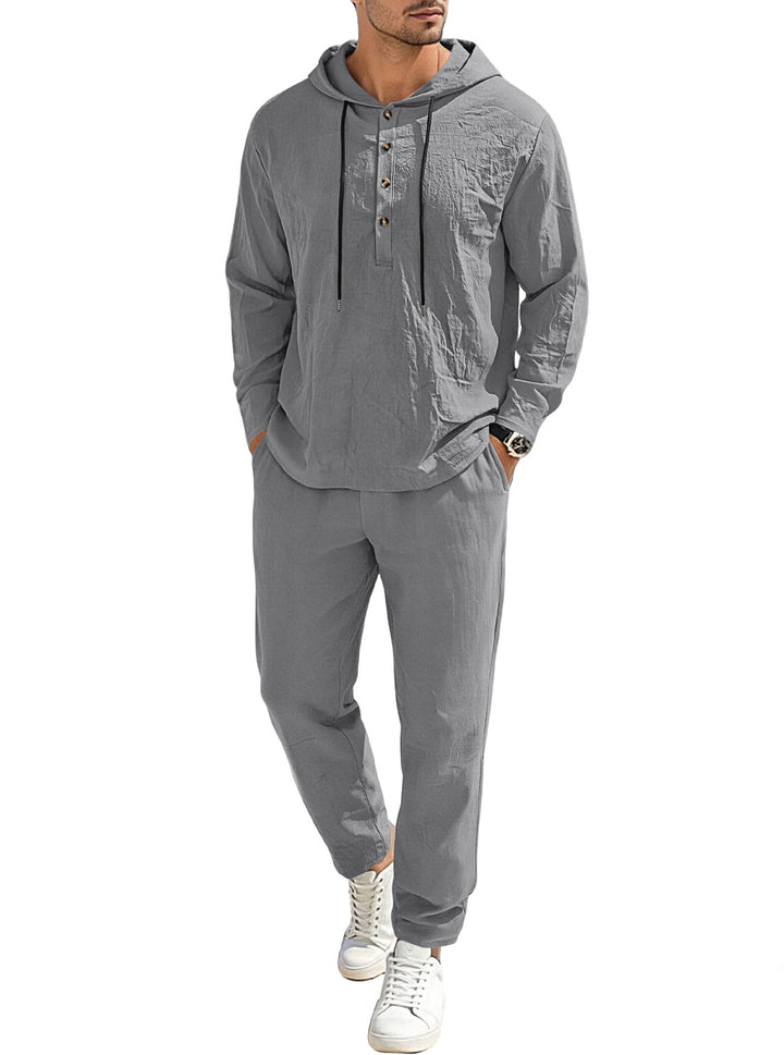 Men's relaxed hoodie Henley leisure suit made of lightweight cotton blend with linen look, featuring drawstring and elastic waistband pants Mune Fashion