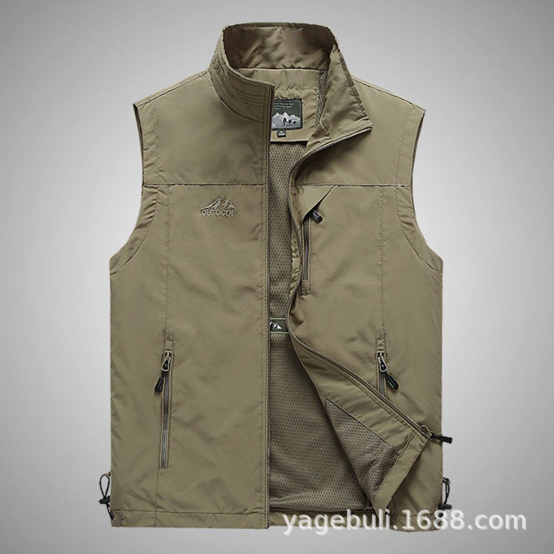 Men's Lightweight Multifunctional Outdoor Vest with Zipper Pockets and Stand Collar Mune Fashion