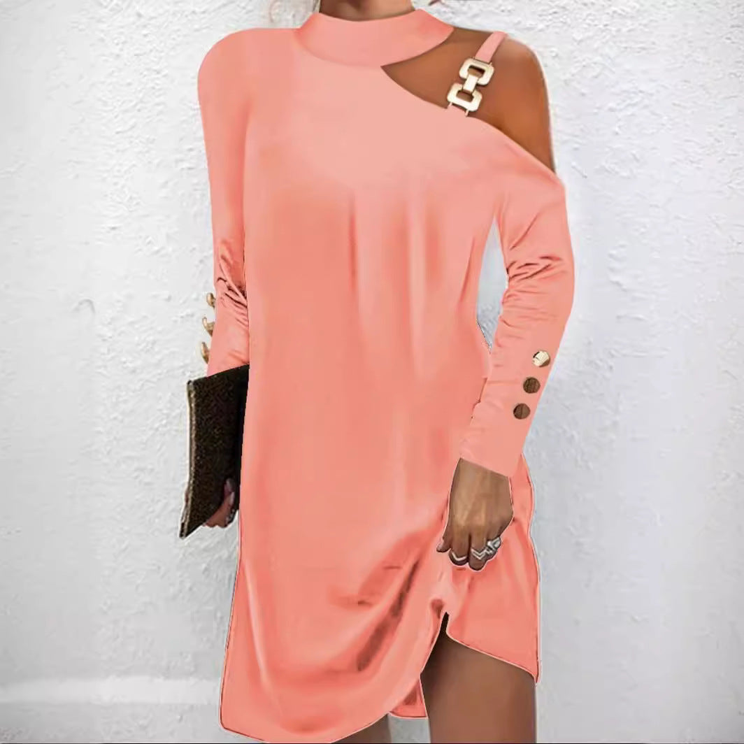 Women nan asymmetrical mini dress with stand collar, cut-out shoulder and decorative chain straps Mune Fashion