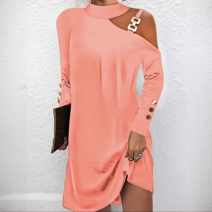 Women nan asymmetrical mini dress with stand collar, cut-out shoulder and decorative chain straps Mune Fashion