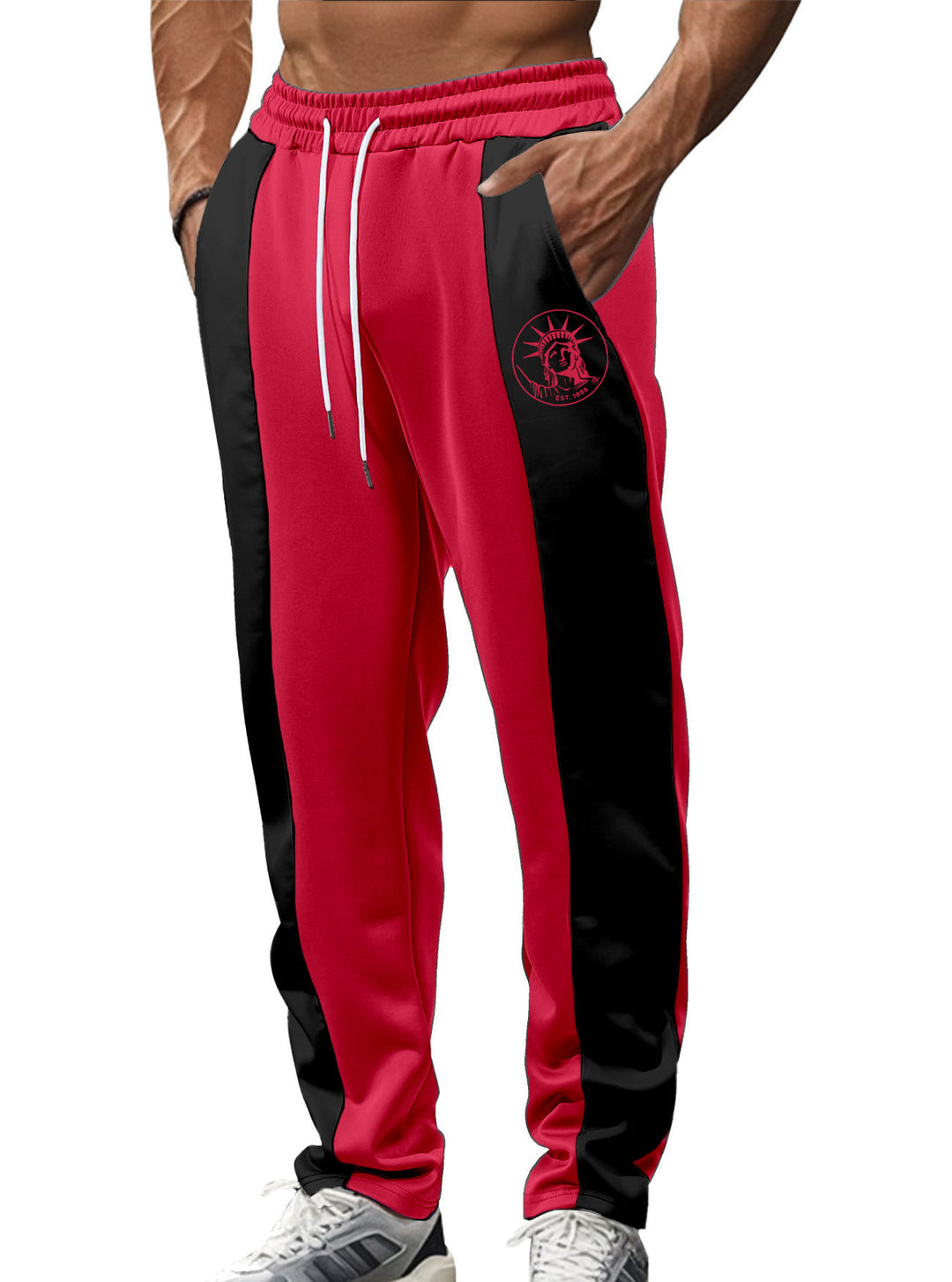 Men's sporty track pants with side contrast stripes, elastic waistband, drawstring, and deer embroidery Mune Fashion