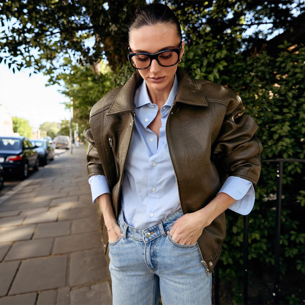 Women's Oversized Faux Leather Aviator Jacket with Teddy Lining, Visible Seam Details & Elastic Hem Mune Fashion