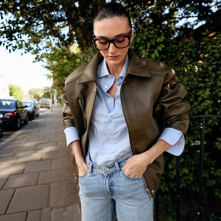 Women's Oversized Faux Leather Aviator Jacket with Teddy Lining, Visible Seam Details & Elastic Hem Mune Fashion