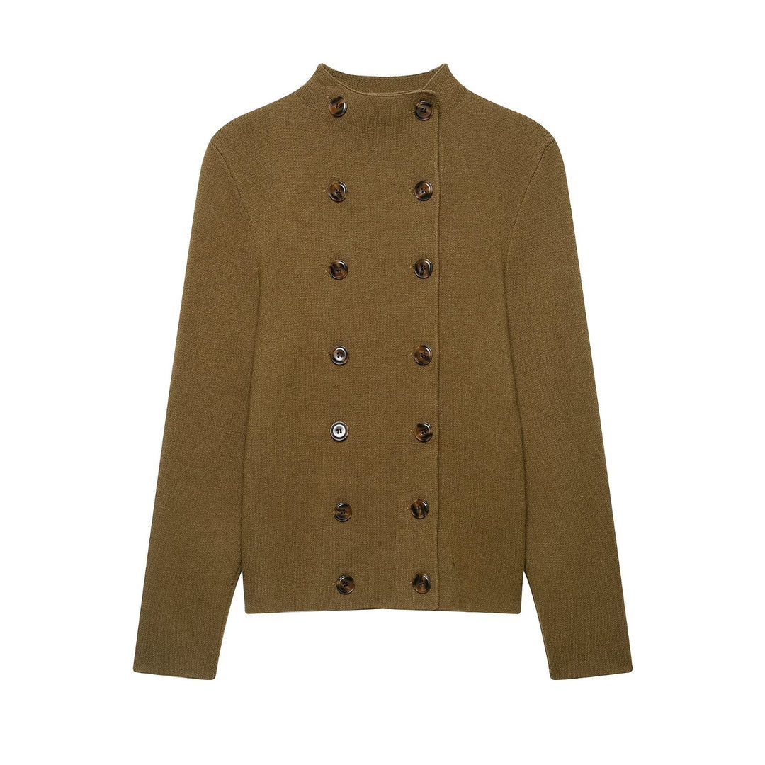 Women's Double-Breasted Cropped Cardigan with Stand-Up Collar Mune Fashion