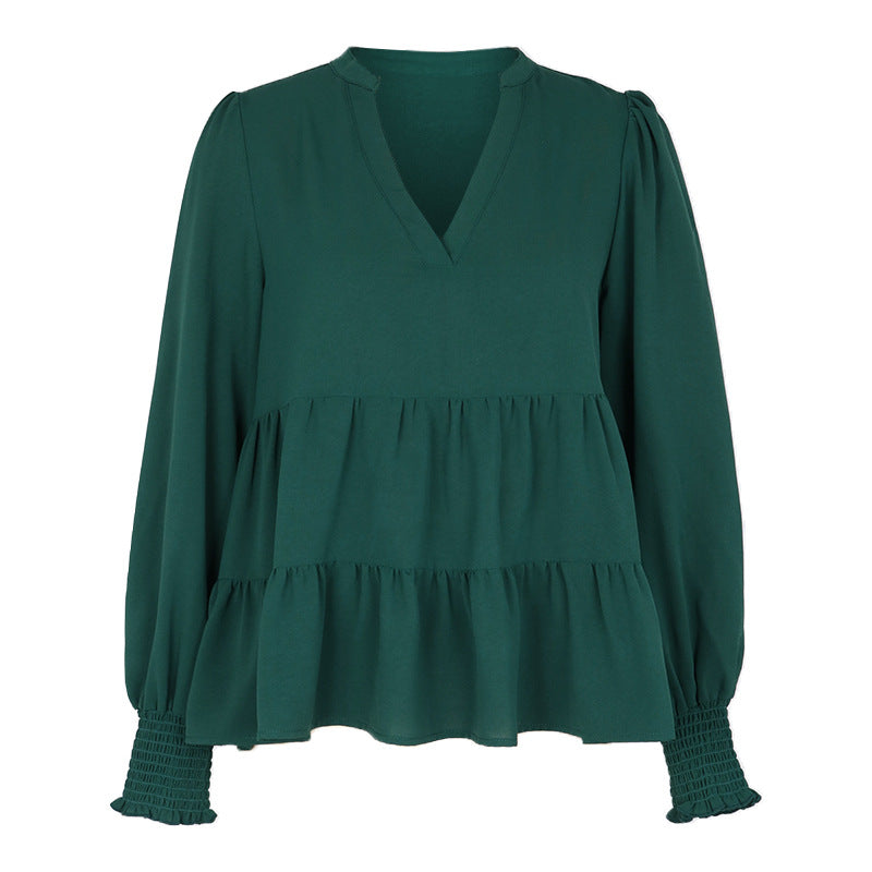 Women's Two-Tier Ruffle Blouse with V-Neck and Gathered Cuff Sleeves Mune Fashion