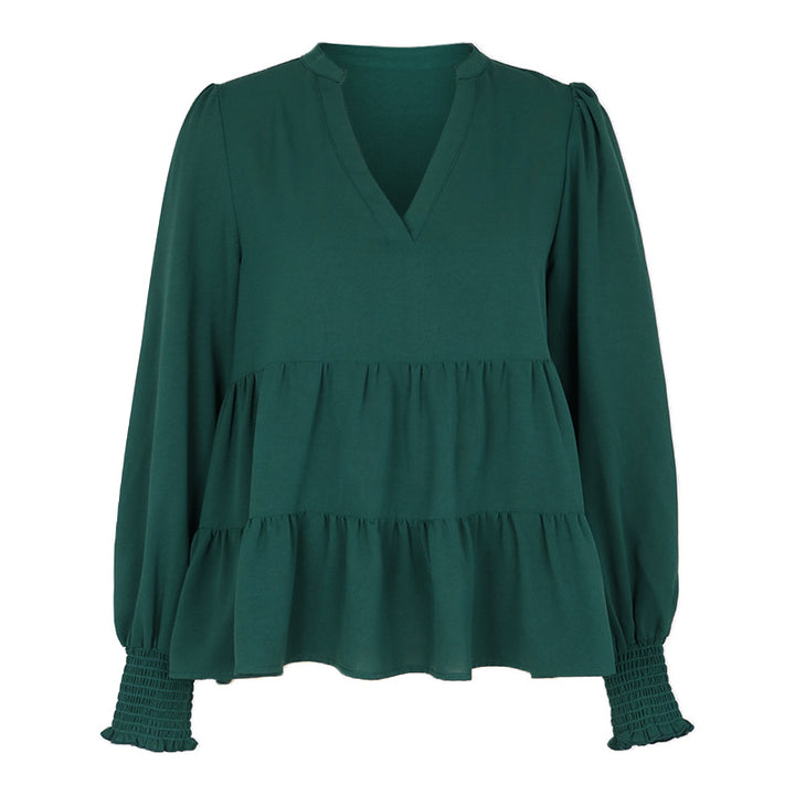 Women's Two-Tier Ruffle Blouse with V-Neck and Gathered Cuff Sleeves Mune Fashion