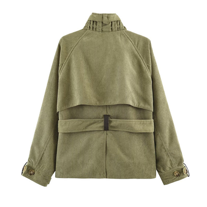 Women Short Cord Trench Coat with Waist Belt, Cape Detail and Stand Collar Mune Fashion