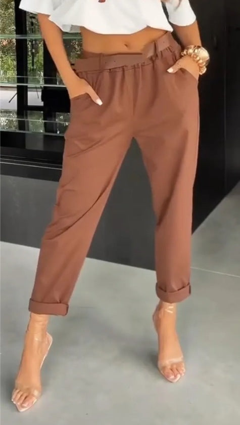 Women's high-waisted paperbag pants with gathered waistband, side pockets, and rolled hem Mune Fashion