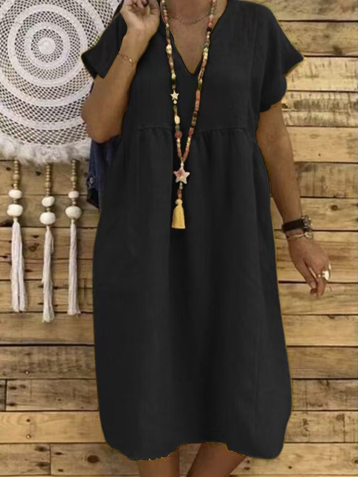 Women's Linen Maxi Dress with V-Neck and Ruffle Details Mune Fashion