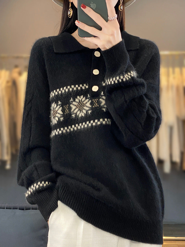 Women Oversize Polo Collar Knit Sweater with Norwegian Pattern and Raglan Sleeves Mune Fashion