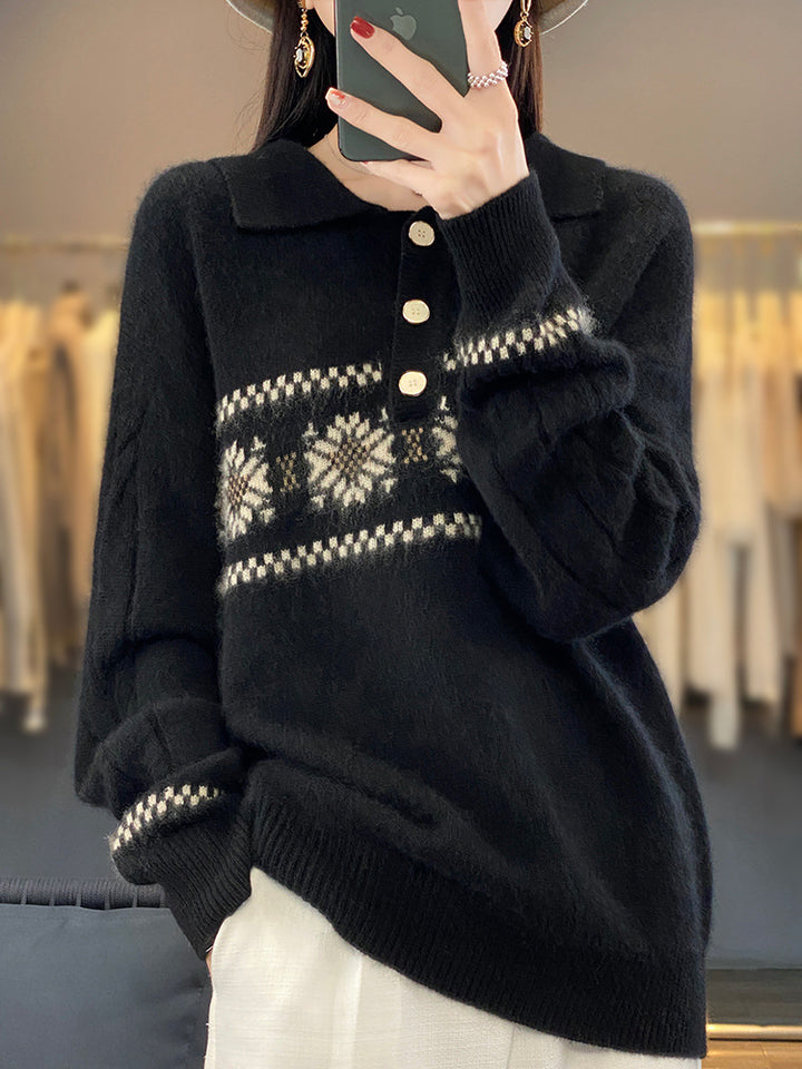 Women Oversize Polo Collar Knit Sweater with Norwegian Pattern and Raglan Sleeves Mune Fashion