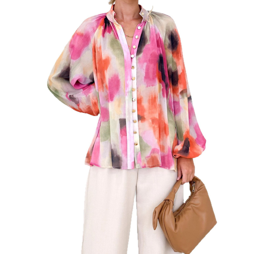 Ladies Chiffon blouse with watercolor print, standing collar, concealed button placket and balloon sleeves Mune Fashion