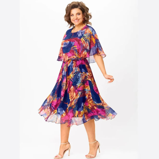 Women's Chiffon Midi Dress with Cape Sleeves and Elastic Waistband Mune Fashion