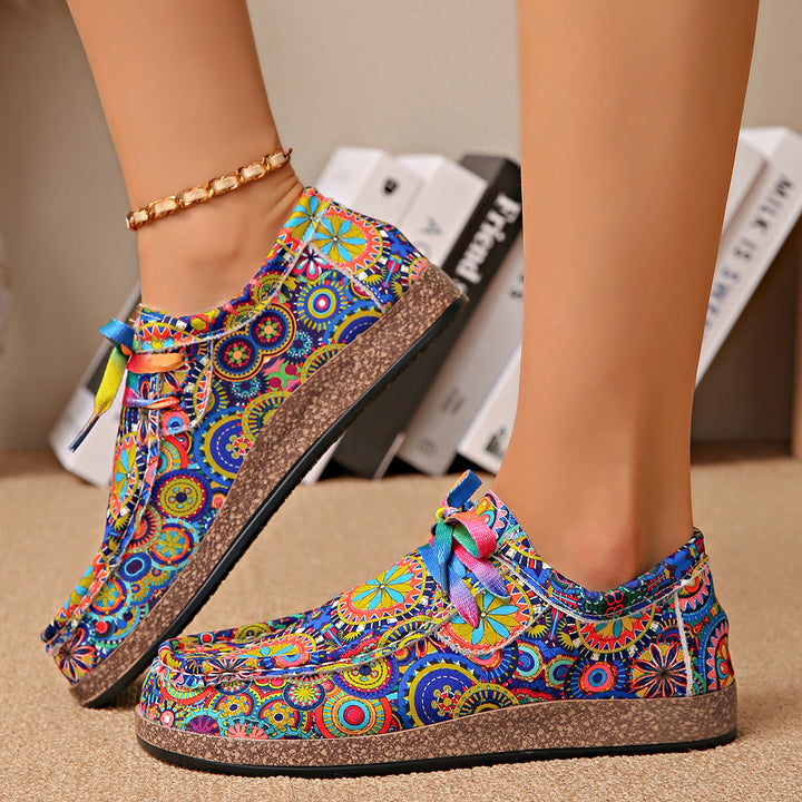Ladies Comfortable Platform Slippers in Ethno Print with Cork Look Sole Mune Fashion