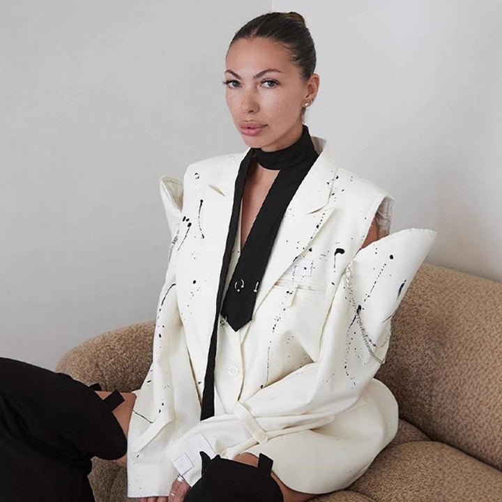 Women's Oversize Blazer with Cut-Out Shoulders and Paint Splatter Look Mune Fashion