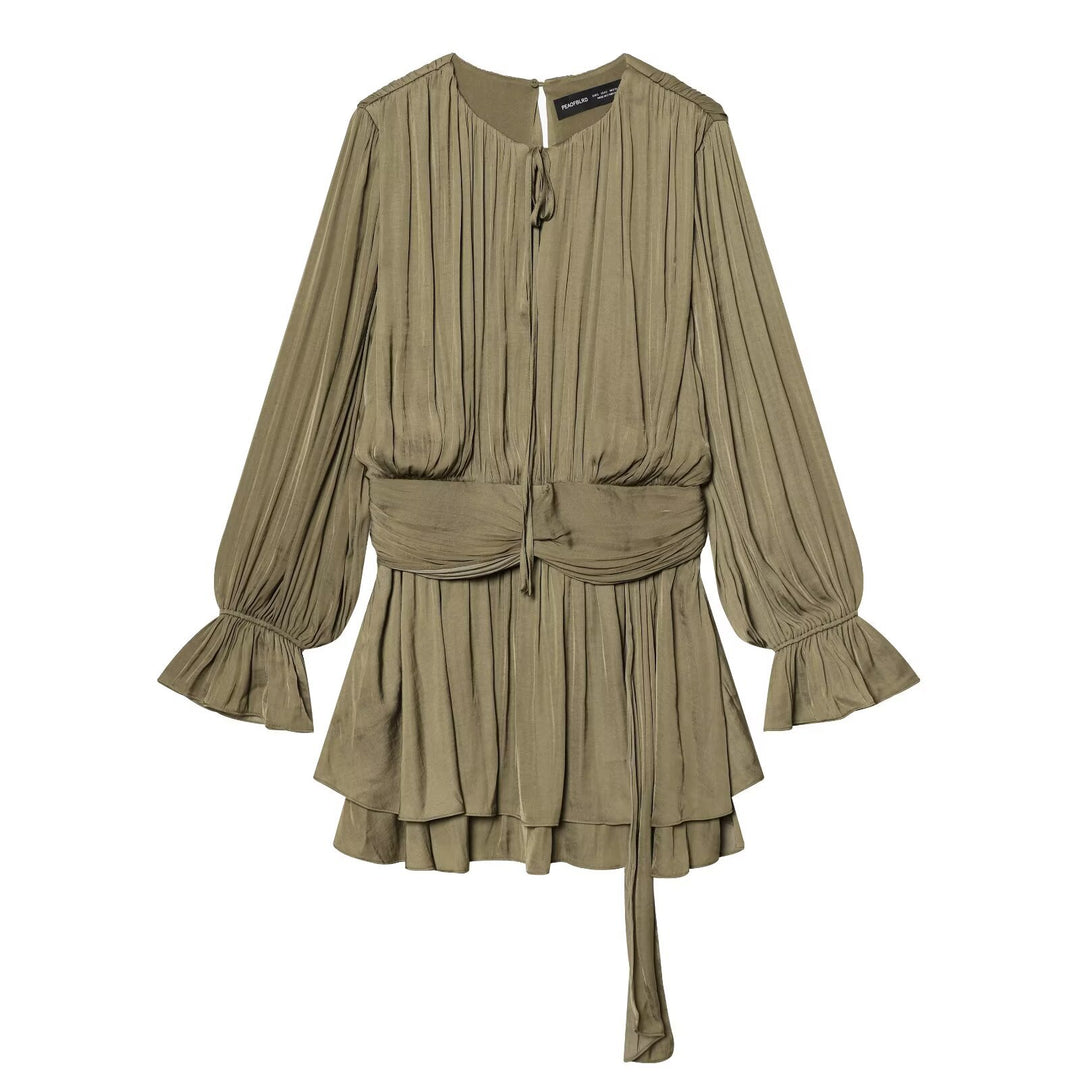 Women Pleated Wrap Dress with Ruffle Skirt and Balloon Sleeves Mune Fashion
