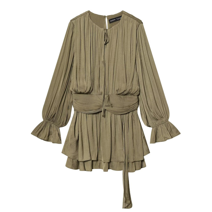 Women Pleated Wrap Dress with Ruffle Skirt and Balloon Sleeves Mune Fashion