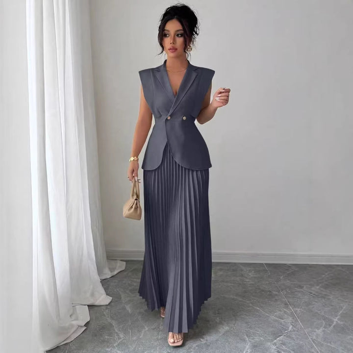 Women’s sleeveless fitted blazer set with pleated maxi skirt Mune Fashion