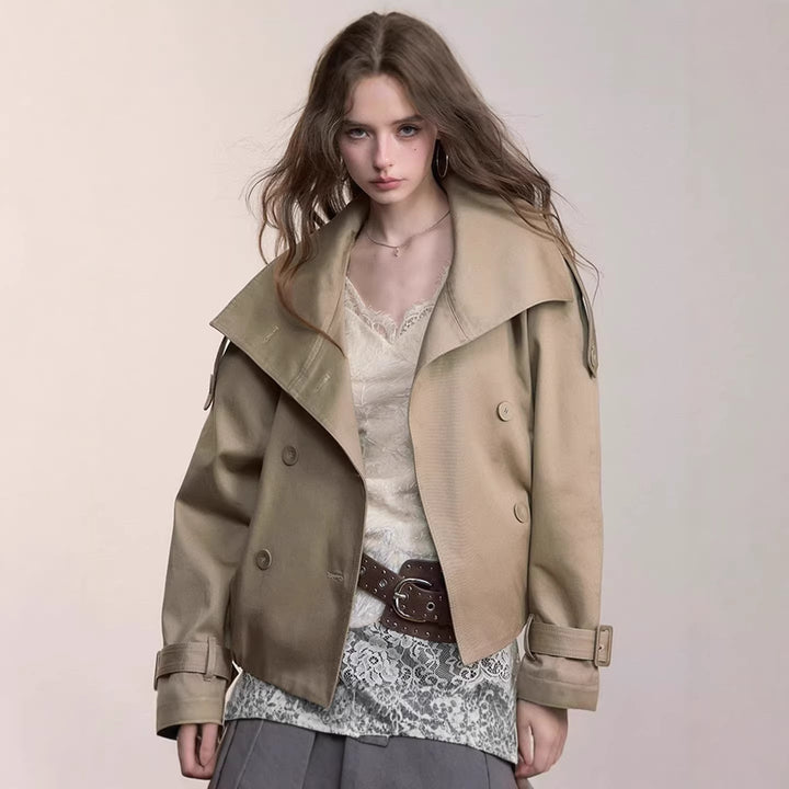 Women Oversized Double-Breasted Trench Bomber Jacket with High Stand-Up Collar Mune Fashion