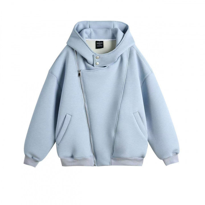 Unisex Oversize Hoodie Jacket with Asymmetrical Zipper and High Stand-Up Collar Mune Fashion