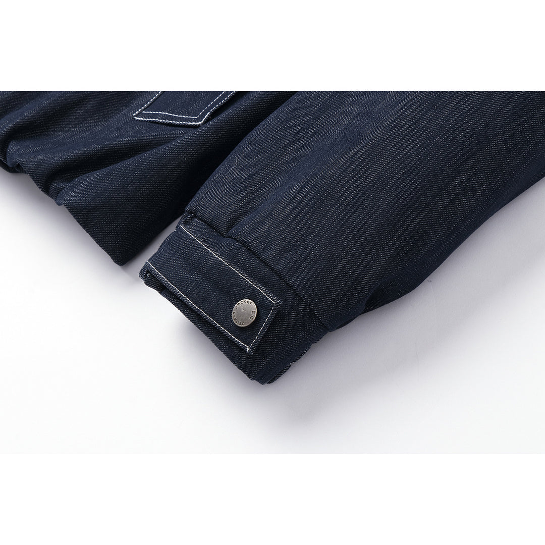 Men's Boxy Denim Blouson with high stand-up collar, visible contrast stitching and elastic hem.