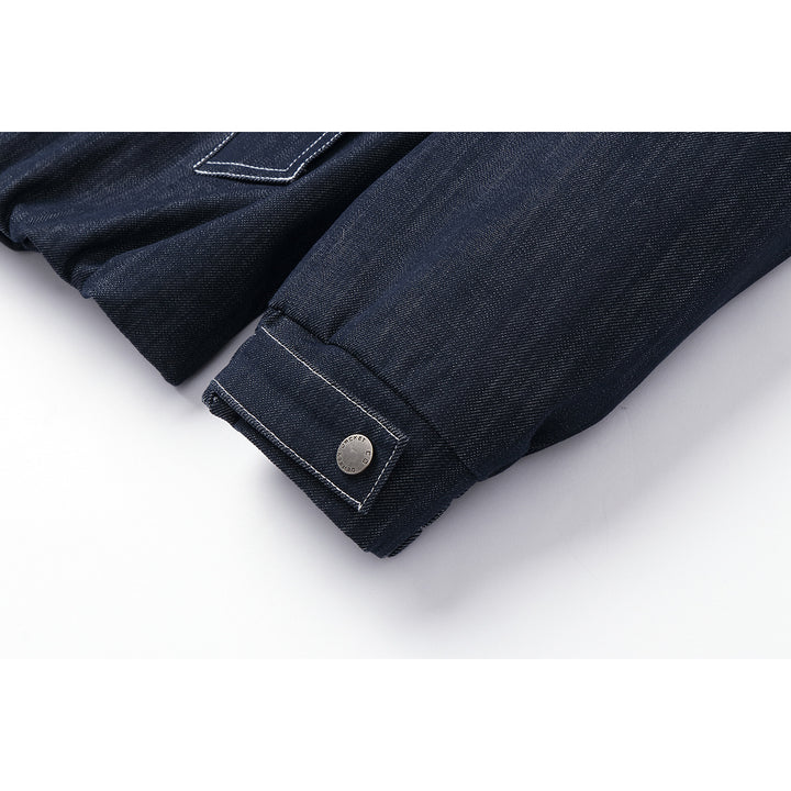 Men's Boxy Denim Blouson with high stand-up collar, visible contrast stitching and elastic hem.