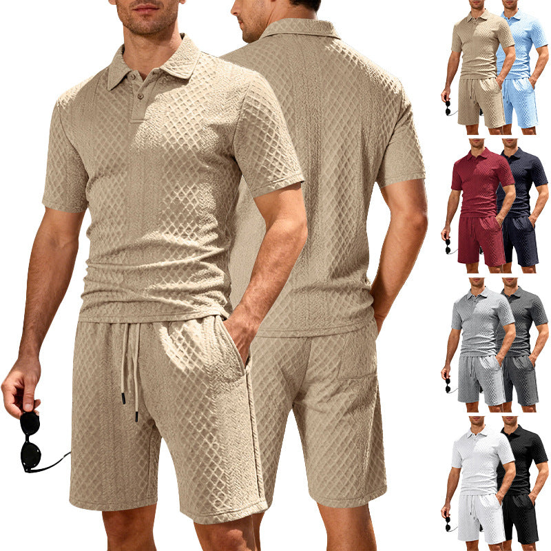 Men's embossed beach ensemble with open short sleeve shirt and cord Bermuda Mune Fashion