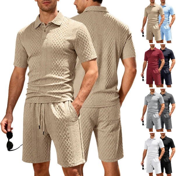 Men's embossed beach ensemble with open short sleeve shirt and cord Bermuda Mune Fashion